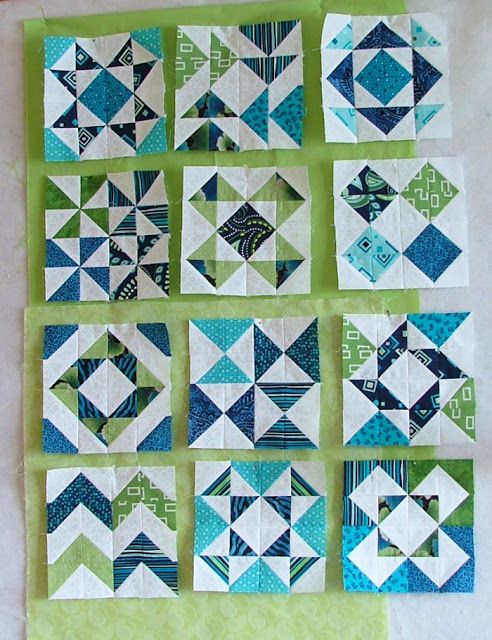 the blocks have been made up to look like they are quilted in blue and green