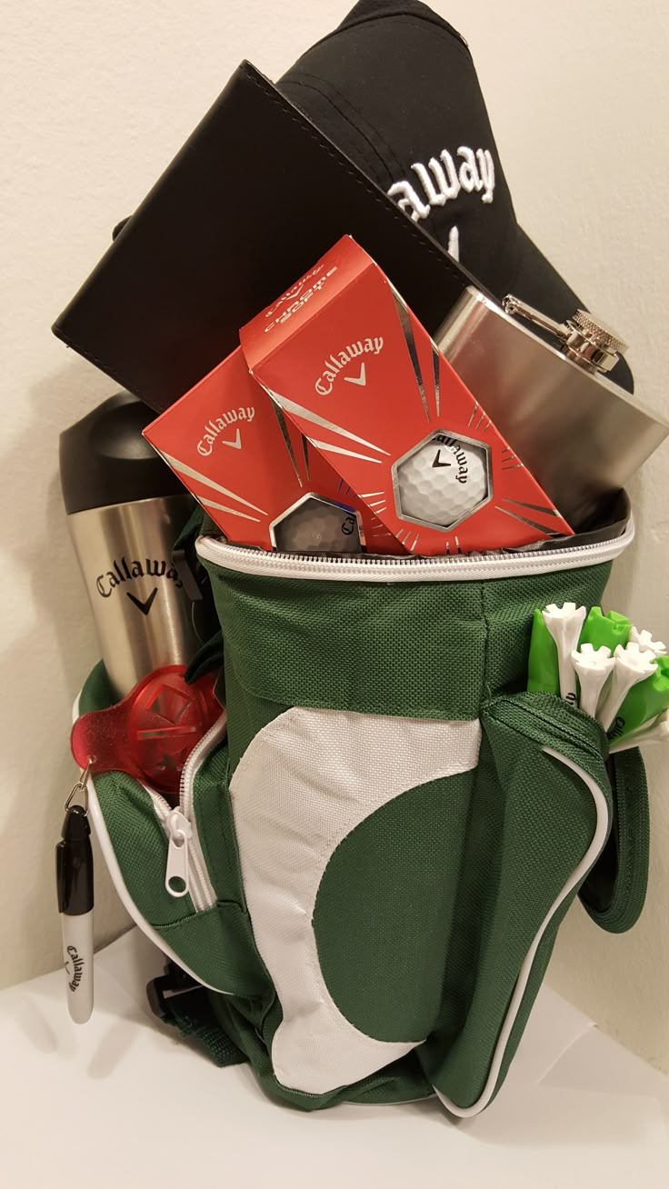 a green and white bag filled with personal items