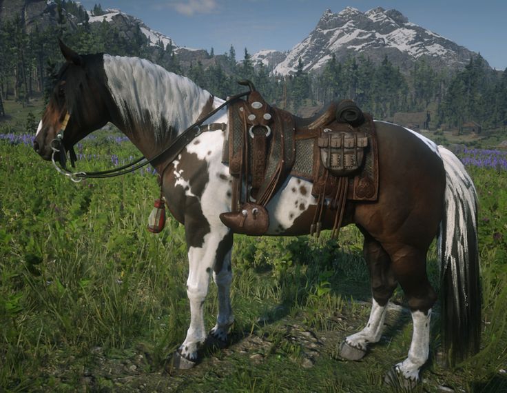 a brown and white horse standing on top of a lush green field next to a mountain