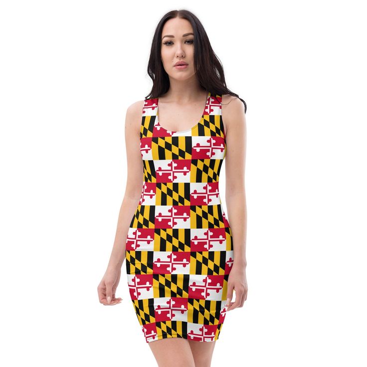 Make a statement and look fabulous in this all-over printed Maryland Flag Checker Pattern Fitted Dress.  * 82% polyester, 18% spandex * Made with smooth, comfortable microfiber yarn * Material has a four-way stretch All of the products in our shop are made on demand. While the designs are our own, we use a third party to print and ship your order. Please be aware that once an order is placed, we can not cancel or refund your order because of this. Having our products made this way instead of in Fitted Knee-length Printed Mini Dress, Knee-length Fitted Printed Mini Dress, Fitted Summer Dress With All Over Print, Summer Fitted Mini Dress With All Over Print, Fitted Mini Dress With All Over Print For Summer, Fitted Spring Dress With All Over Print, Fitted Dress With All Over Print For Spring, Fitted Mini Dress With All Over Print, Patterned Fitted Midi Dress For Summer