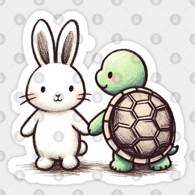 a rabbit and turtle are facing each other