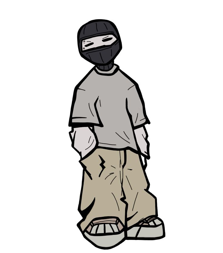 a drawing of a person wearing a helmet and standing in front of a white background