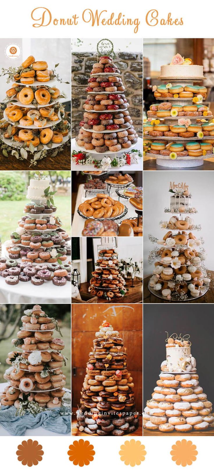 a collage of donuts and wedding cakes