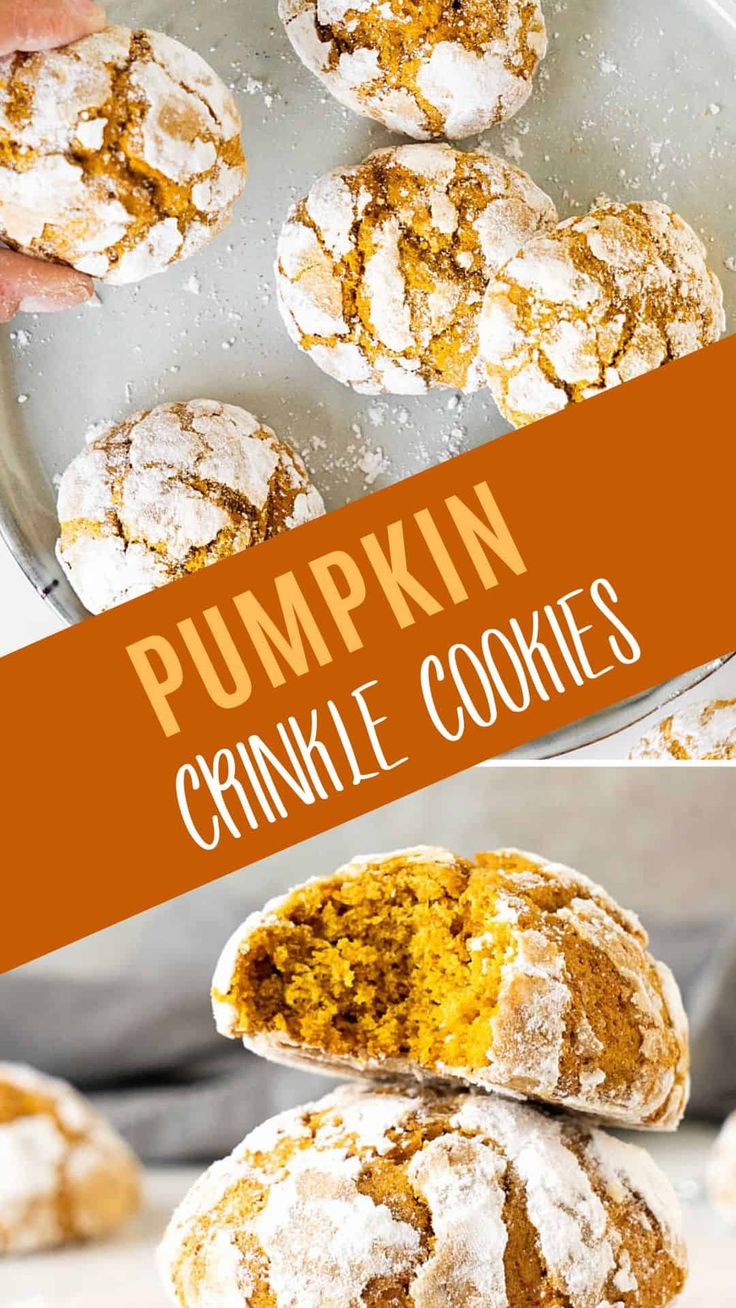 pumpkin crinkle cookies are stacked on top of each other with the words, pumpkin crinkle cookies