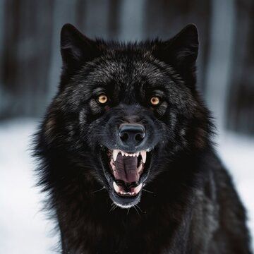 a black wolf with its mouth open in the snow