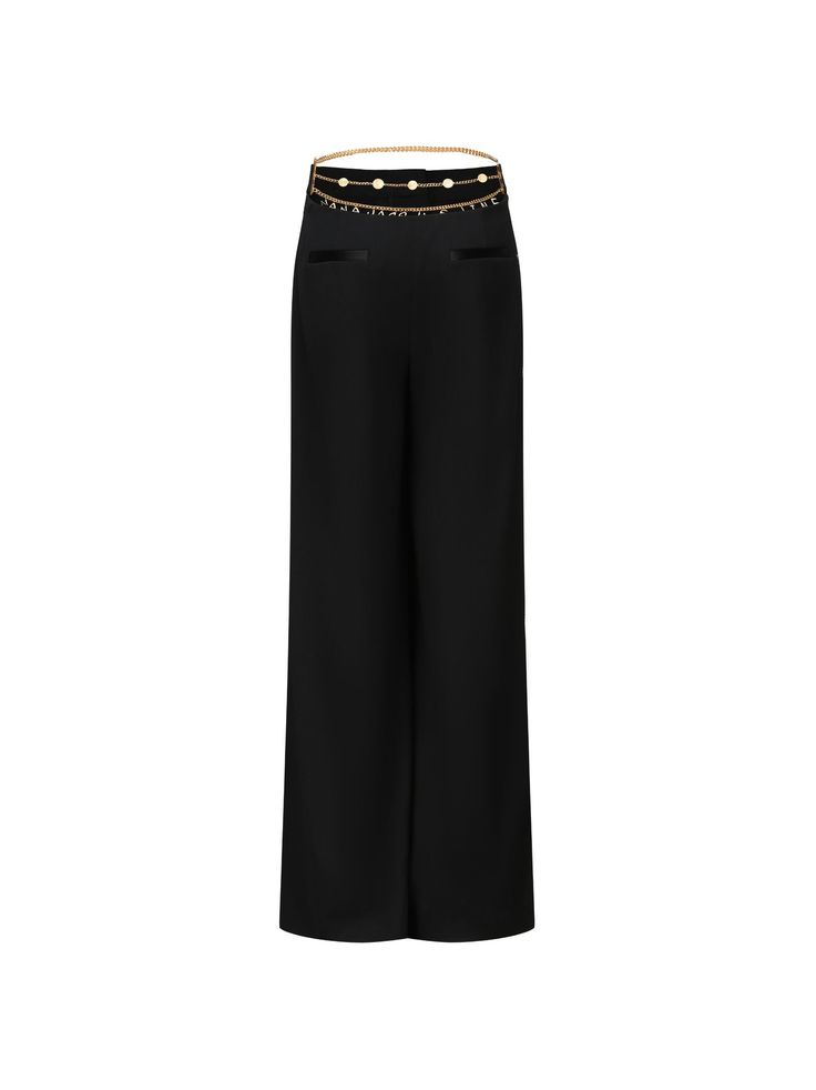 Step into the cool, crisp weather in your new favorite trousers. The Diana Pants are cool, chic, and feminine. They feature a high-waisted design with a waist chain that gives them uniqueness and style. Wear them on repeat when you want to make a statement. High-waisted pants Wide leg Waist chain Buckle zipper design Dry clean only Luxury Wide Leg Pants With Belt Loops, Luxury Wide-leg Pants For Evening, Luxury Wide-leg Evening Bottoms, Luxury Black Wide Leg Pants, Chic High Waist Bottoms With Belt, Chic Wide Leg Pants With Belt, Chic High Waist Wide Leg Pants With Belt, Chic High Waist Pants With Belt, Chic Wide-leg Pants With Belt