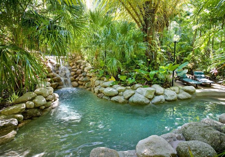 a small pool surrounded by rocks and trees