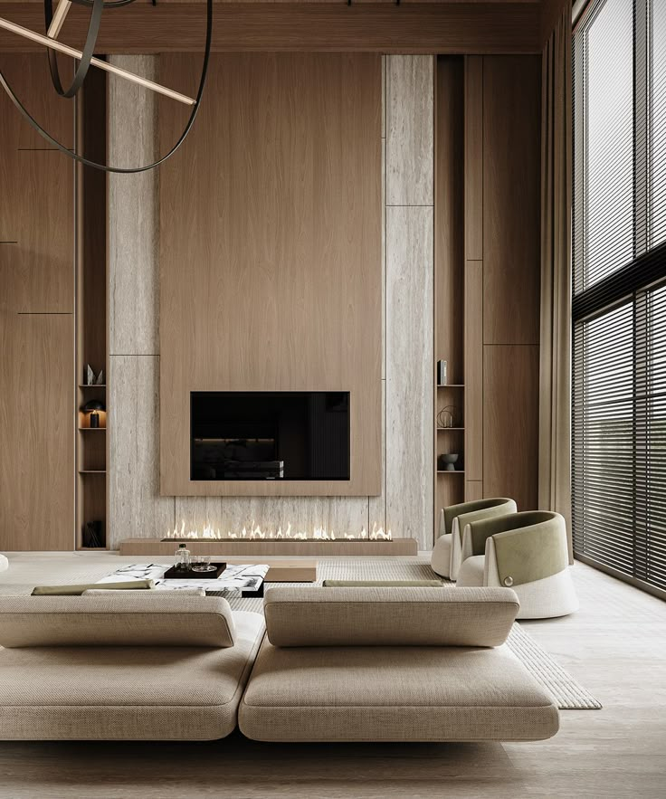 a modern living room with two couches and a fireplace in the center, surrounded by wooden paneling