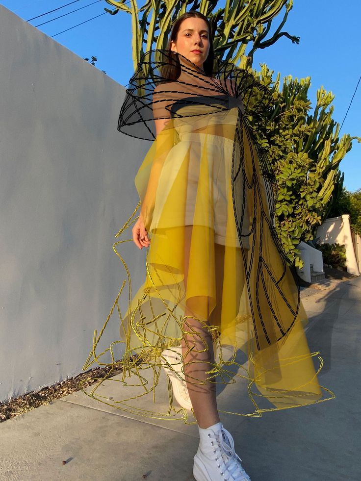 Silk layered maxi dress. THIS IS A DIGITAL ITEM, IT ONLY EXISTS DIGITALLY AND WILL BE APPLIED TO YOUR PHOTO(s) Color: yellow, black. Material: digital silk. Digital clothes fit all sizes. About the collection: Circus Lab's collection is dedicated to bees and the honey they produce. The designer believes 3D clothes to be one of the potential solutions to fast-fashion issues and the numerous problems it causes. At the same time, bees are also in danger because of the way humans use land. So, Julie Spring Cocktail Dress With Overlay, Sheer Maxi Evening Dress For Spring, Spring Yellow Chiffon Midi Dress, Avant-garde Summer Party Dresses, Spring Party Mesh Maxi Dress, Black Mesh Dress For Spring Evening, Spring Sheer Cocktail Maxi Dress, Black Mesh Evening Dress For Spring, Spring Evening Dress With Overlay