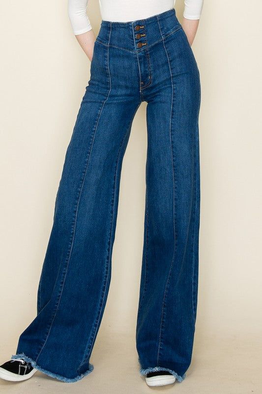 Front seam detailing high Waist Vintage Flare Wide Leg jeans Super soft and stretch denim fabric *Measurements for size 26Rise: 11 1/2 inRegular Inseam: 33inMade In: USAFabric Contents: 98% CTN 2% SPAN Chic Full-length Denim Blue Jeans, Mid-rise Flare Jeans With Contrast Stitching In Medium Wash, Spring Flare Jeans With Contrast Stitching In Medium Wash, High Rise Denim Blue Flare Jeans With Contrast Stitching, Mid-rise Blue Flare Jeans With Contrast Stitching, Blue Mid-rise Flare Jeans With Contrast Stitching, Fall Denim Flare Jeans With Standard Cut Leg, Denim Flare Jeans For Fall, Trendy Mid-rise Flare Jeans With Contrast Stitching