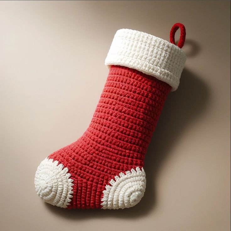 a crocheted red and white christmas stocking hanging from a hook on a wall