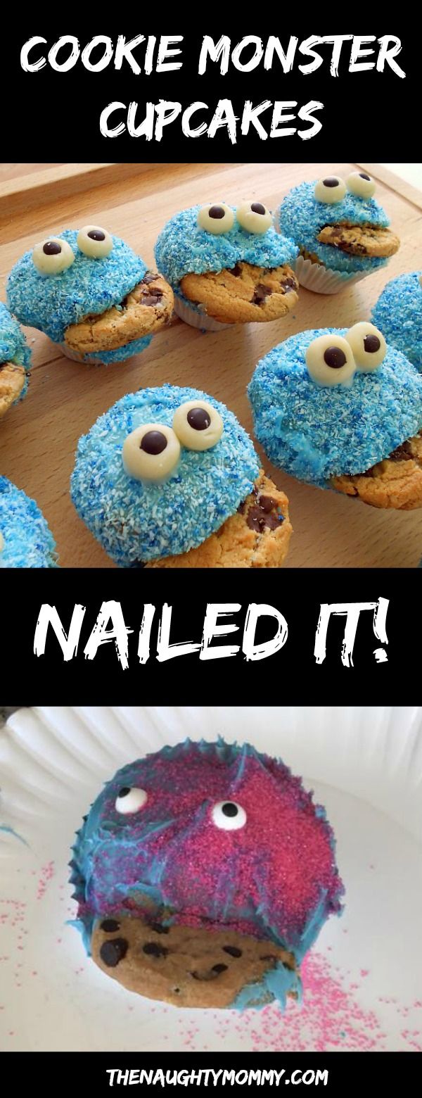 cookie monster cupcakes with blue icing and pink sprinkles on them