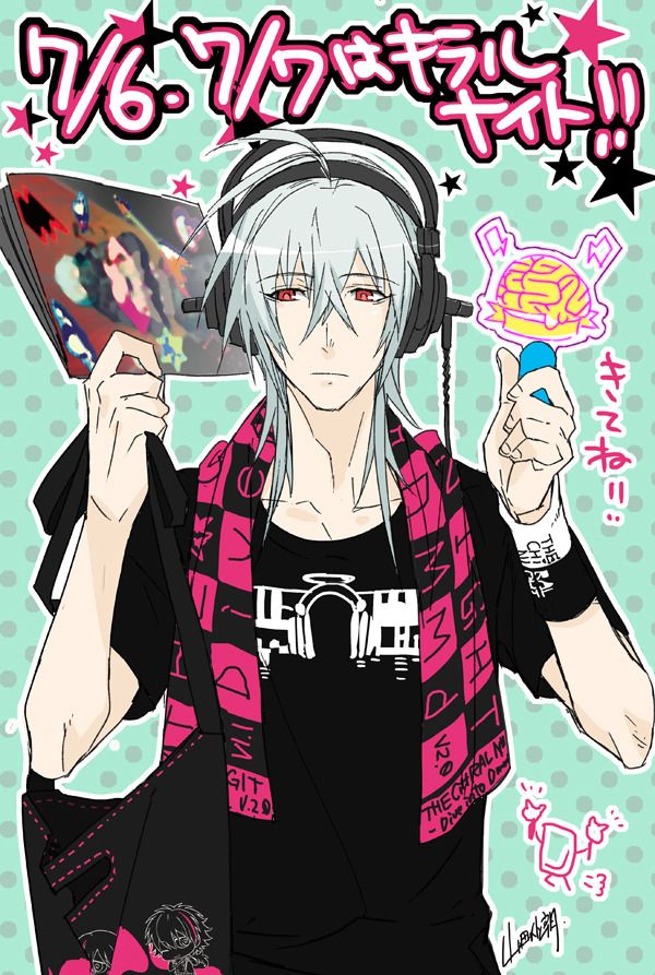 an anime character with headphones on holding up a fan and looking at the camera