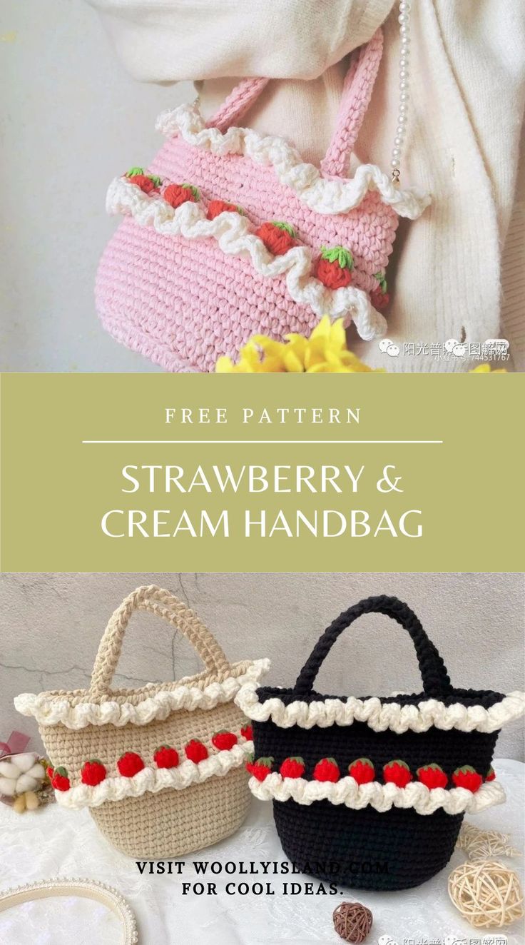 two crocheted purses with the text free pattern strawberry and cream handbag