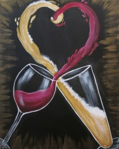 a painting of two wine glasses with red and yellow liquid pouring out of them in the shape of a heart