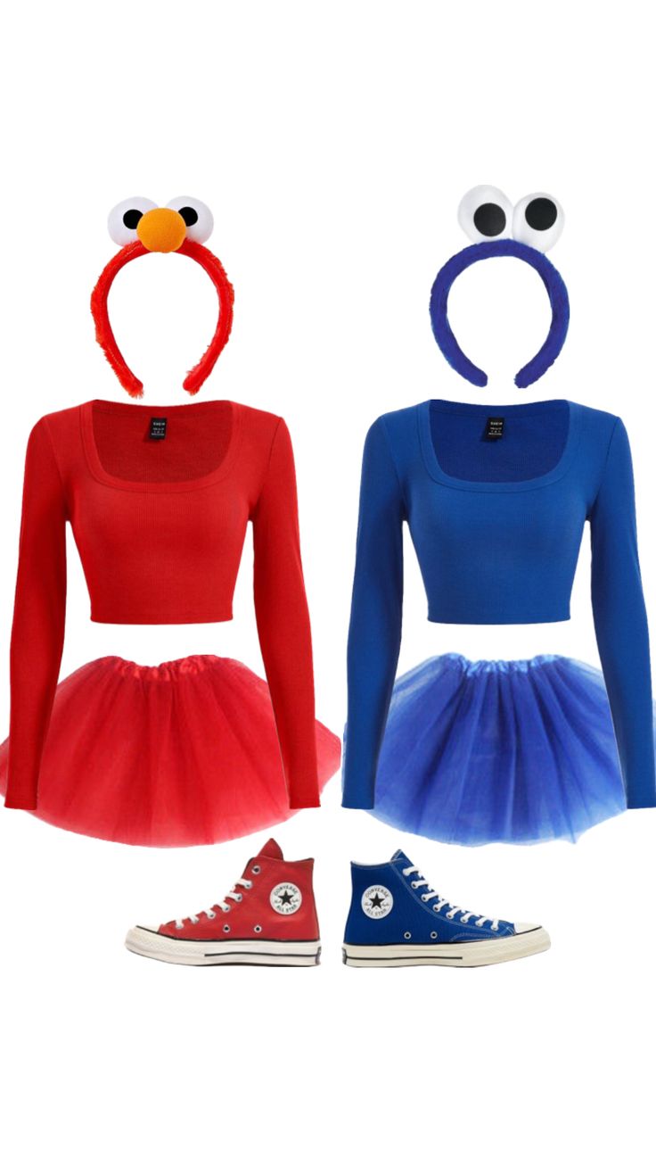 two different outfits, one in red and the other in blue with an eyeball