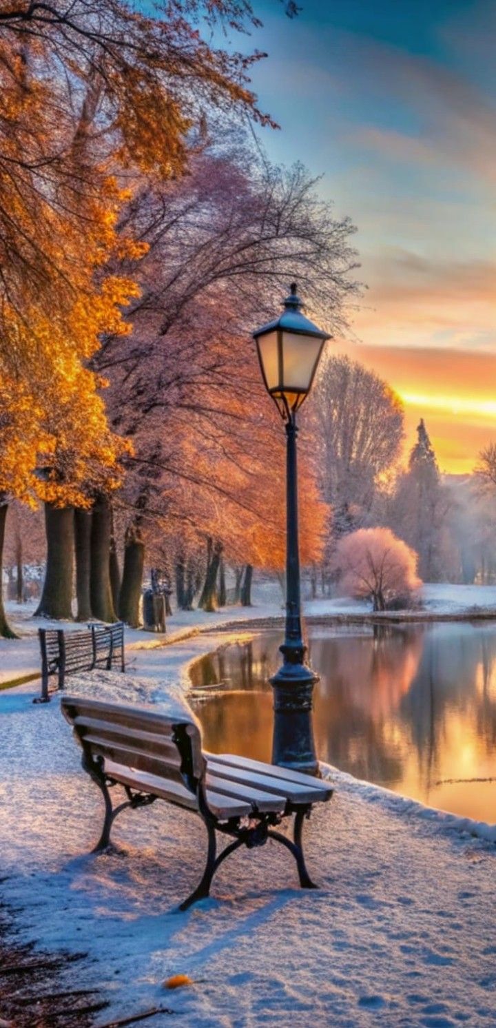 a park bench sitting next to a lamp post in the snow near a lake at sunset