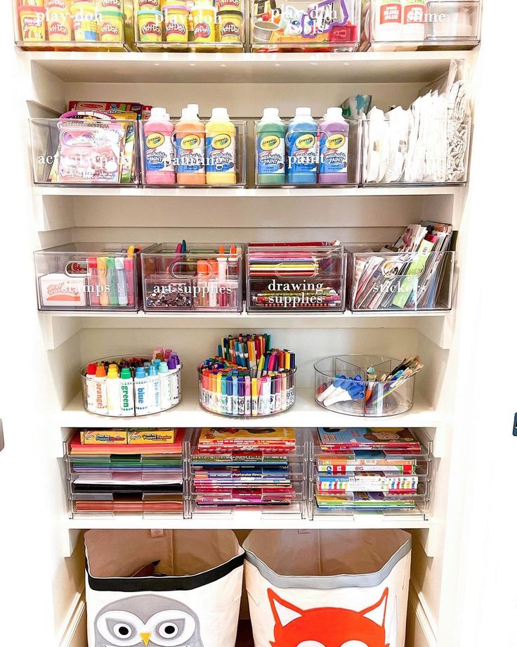 an organized pantry with shelves and bins filled with books, crayons, washcloths, and other items