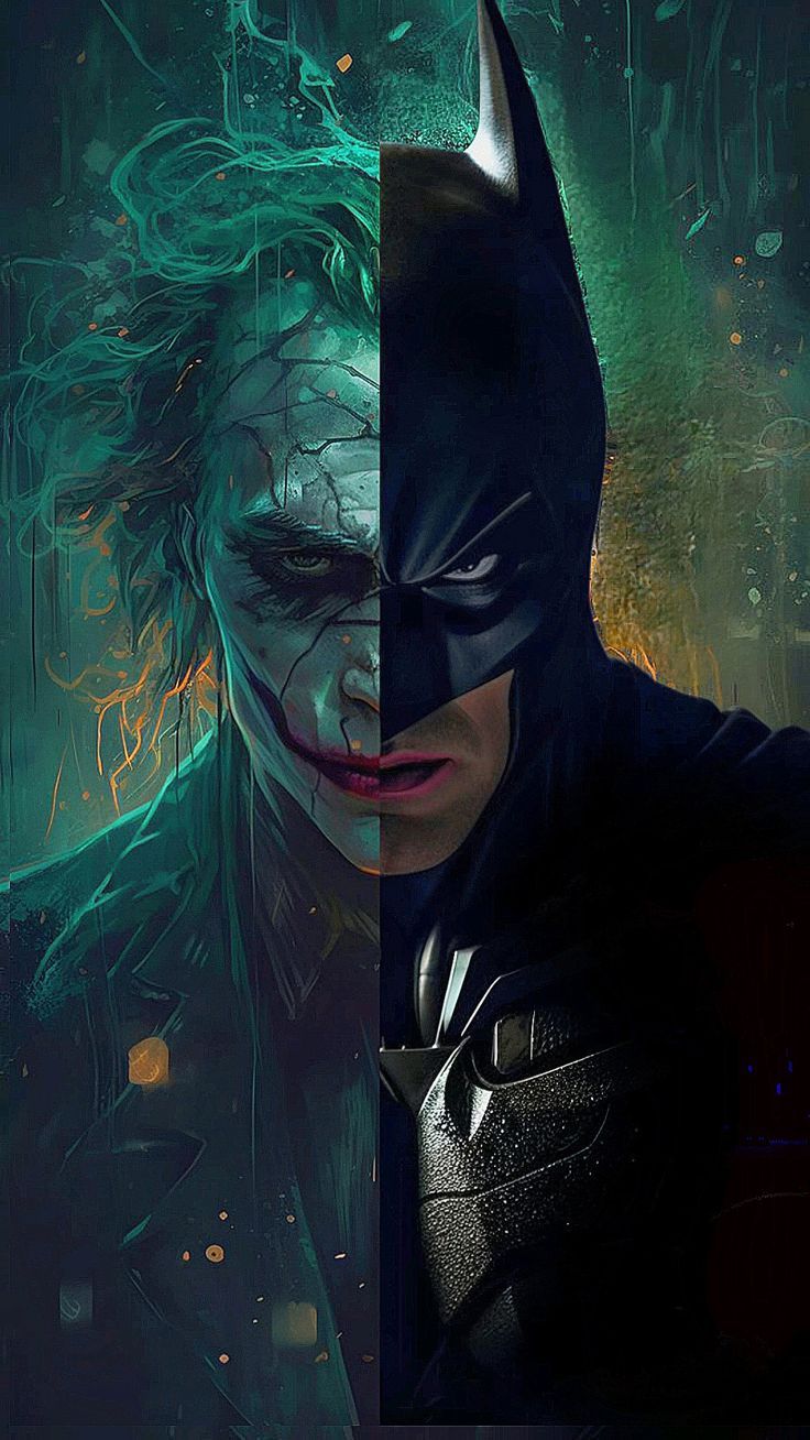 the joker and batman movie poster with their faces painted in different colors, including green