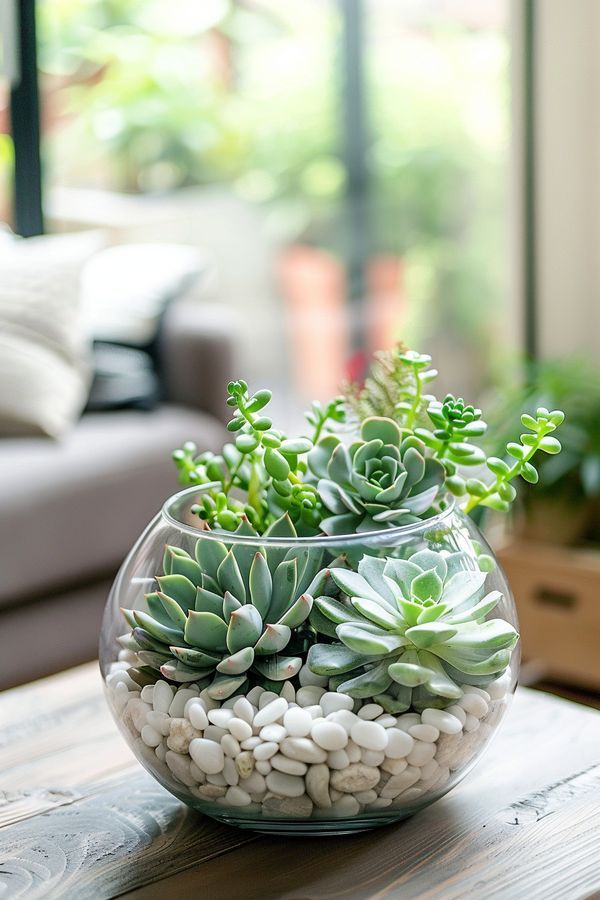 a glass bowl filled with rocks and succulents on top of a wooden table