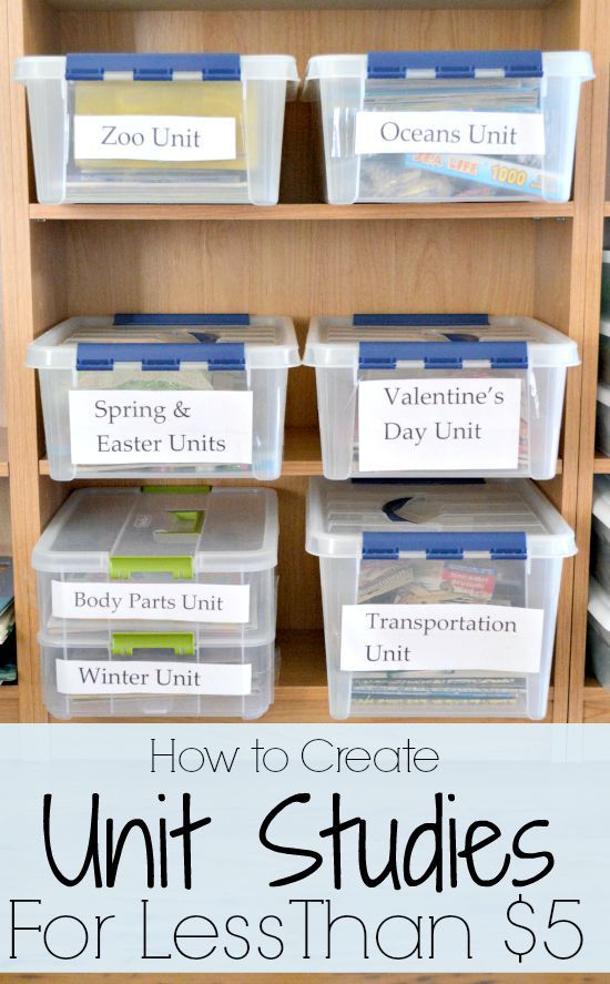 some clear plastic containers with labels on them and the words, how to create unit studies for less than $ 5