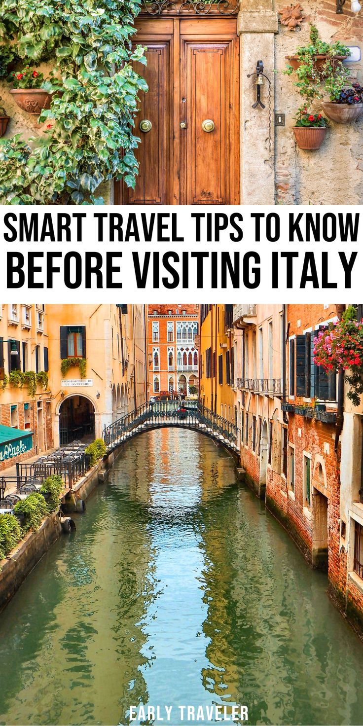 the canals in venice, italy with text overlay that reads smart travel tips to know before visiting italy