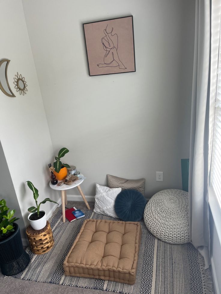 a living room with a couch, ottoman and potted plants on the side table