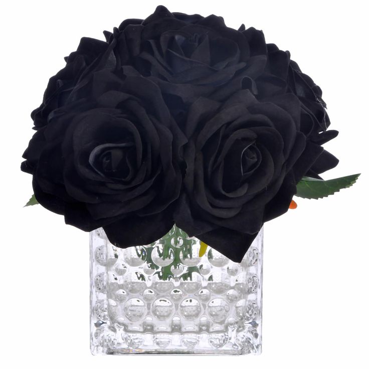 a clear vase filled with black roses on top of a table