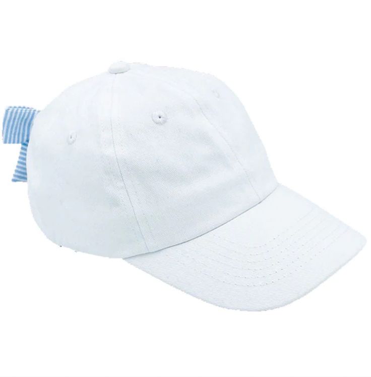 From the court to the green and everywhere in between, our Winnie White Hat is a cute and crisp new take on sun-protecting sportswear your little girl is sure to never take off. A Seersucker Blue Bow in back, it will give her a graceful new topper that’s all her own, with front and center monogram embroidery. Front is blank unless monogram is added (additional charge) Each hat is adorned with a seersucker blue/white skipper bow Unstructured 6-panel baseball hat Adjustable, one size fits most gir White Hat, White Bow, Blue Bow, Baseball Hats, Blue And White, Monogram, Embroidery, White, Hats