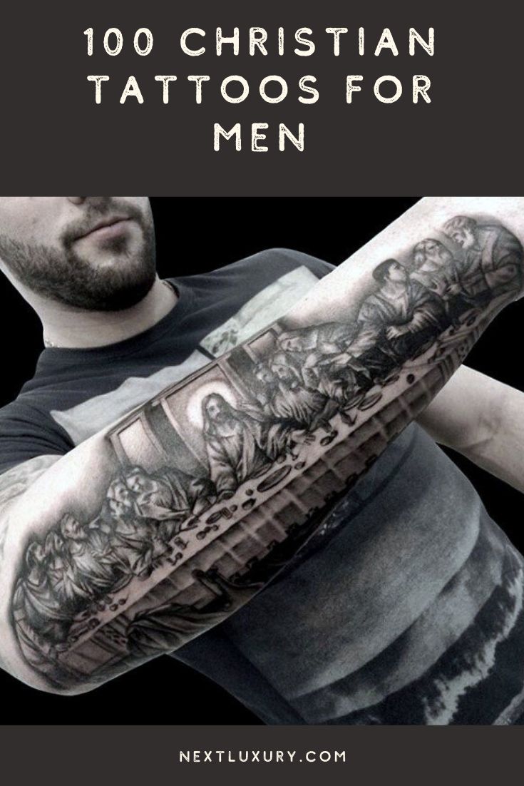 a man with his arm covered in tattoos and the words, 100 christian tattoos for men