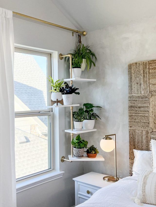 a bedroom with white walls and plants on the shelves above the bed, along with a window