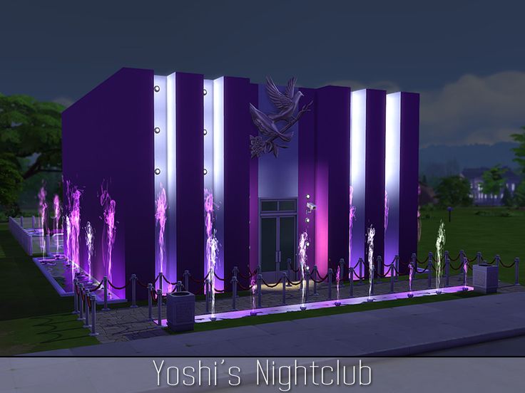 an artistic rendering of a purple building with lights on it's front and sides