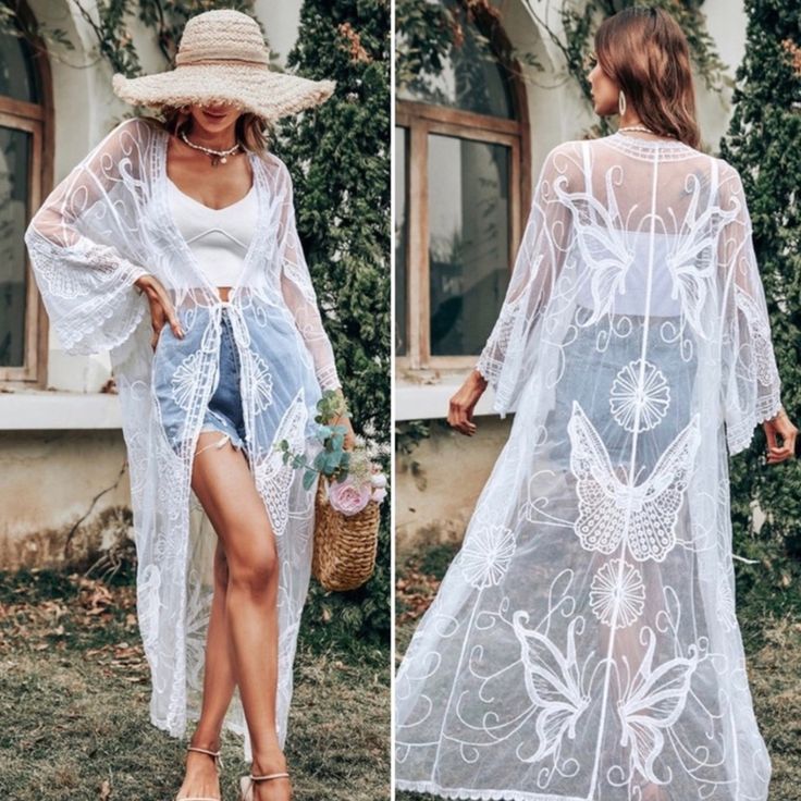 Brand New Butterfly White Lace Kimono. Soft White Woven Fabric, Bell Sleeves. Beautiful Lace Kimono White Lace Cover-up For Spring, Spring Festival Lace Cover-up, Lace Open Front Cover-up For Summer, Bohemian Fitted Sheer Cover-up, Bohemian Spring Brunch Cover-up, Bohemian Lace Cover-up For Summer, White Sheer Cover-up For Spring, Fitted Bohemian Cover-up For Summer, Chic Fitted Festival Cover-up