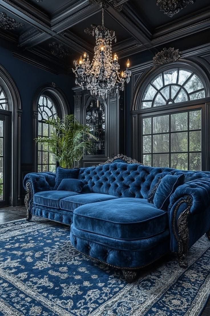 a large blue couch sitting on top of a rug in a living room next to windows