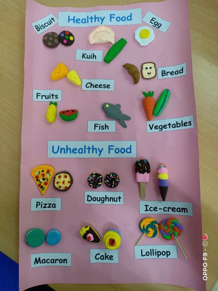 a pink poster with food items on it