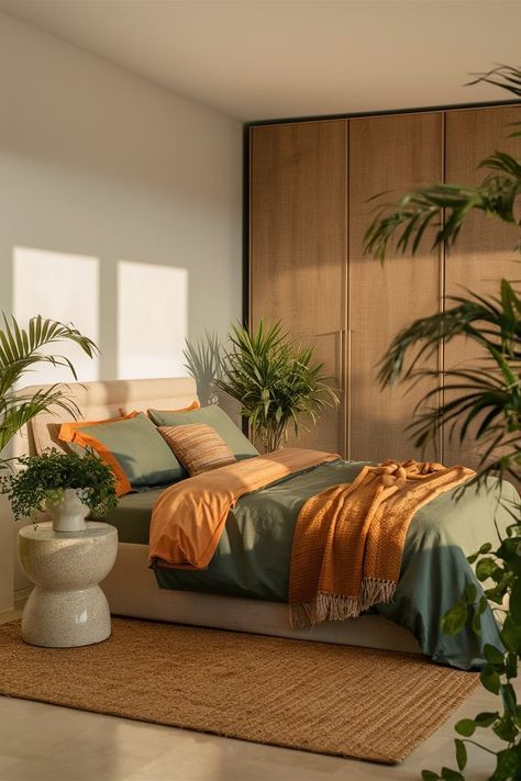 Tropical Modern Bedroom Design, Sustainable Bedroom Design, Sunny Bedroom Aesthetic, Stylish Bedroom Ideas Interior Design, Tulum Inspired Bedroom, Tropical House Bedroom, Colorful Adult Bedroom, Sage And Terracotta Bedroom, Bedroom Ideas Tropical