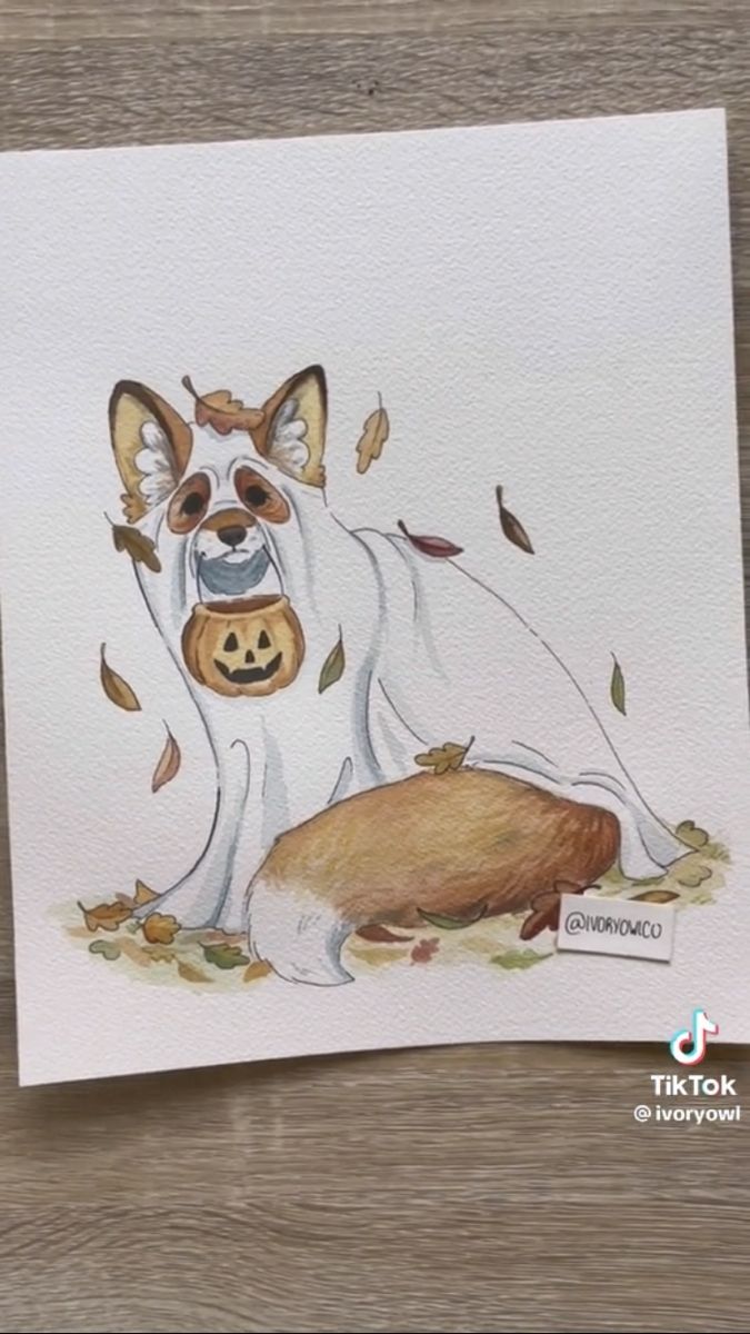 a painting of a dog with a pumpkin on it's face and another animal in the background