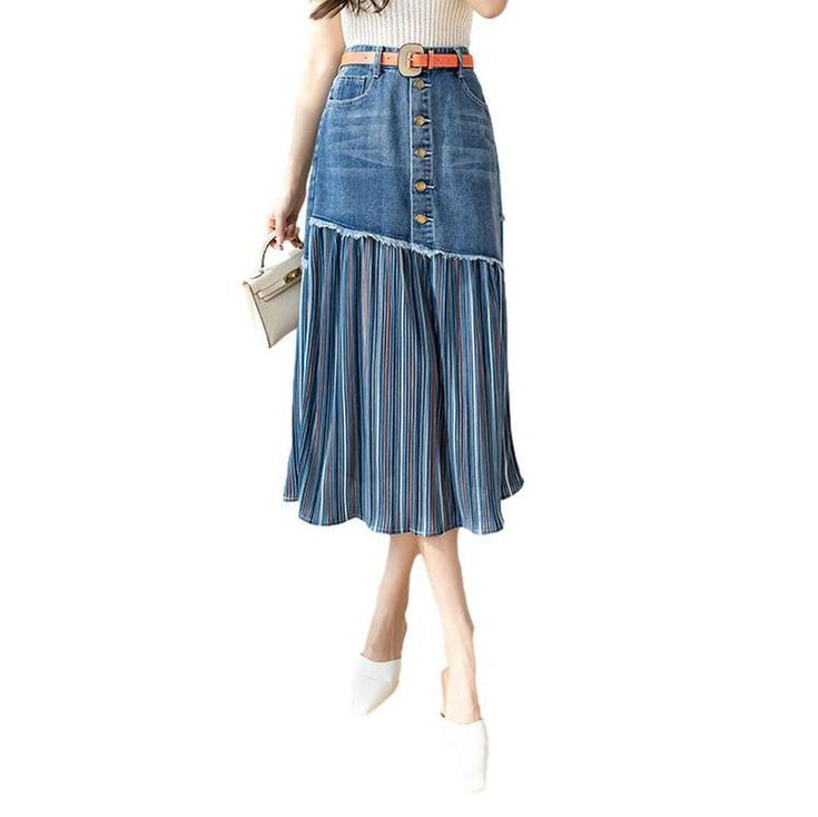 Introducing the 2023 Spring-Summer Collection's pleated women's denim skirt ââ‚?a stylish and conventional piece for the couture trendsetter!Why This 20th-century-Inspired Skirt Is A Must-HaveThis mid wash denim skirt is patterned for the woman who loves to express her fashion sense with bold yet classic trend. It features a high-waisted cut that accentuates your curves and pleats at the waistline that adds a subtle but powerful flourish. To complete the look. this skirt is finished with a butto Dress Flat Drawing, Denim Skirts Online, Pleated Denim Skirt, Womens Denim Skirts, Long Denim Skirt, Jeans Skirt, Denim Skirt Women, Dressed Down, Denim Fabric