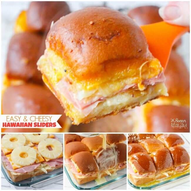 ham and cheese sliders being held up to the camera with a bite taken out