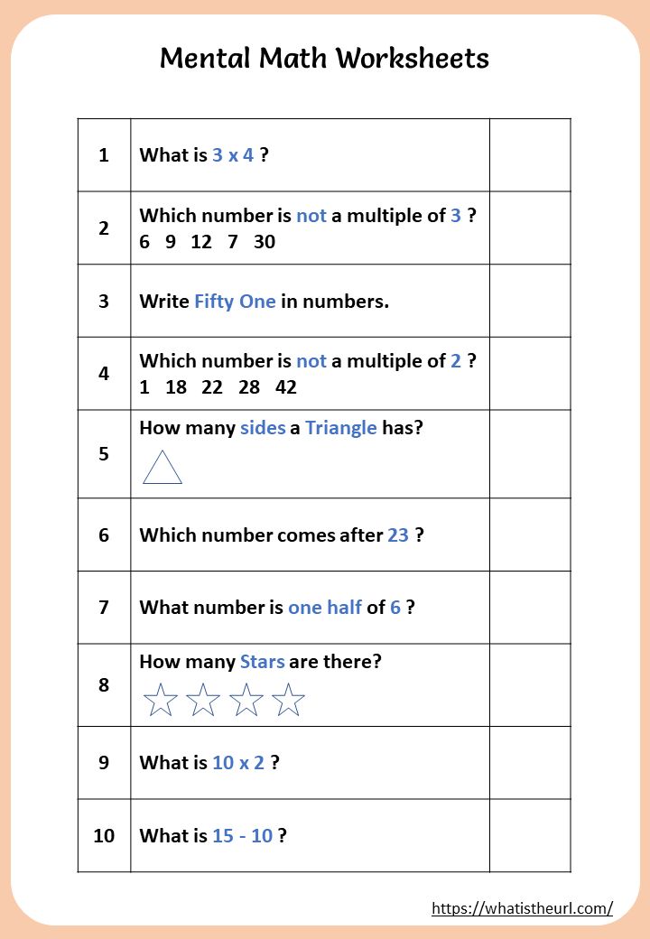 the worksheet for mental math is shown with numbers and stars on it, including one