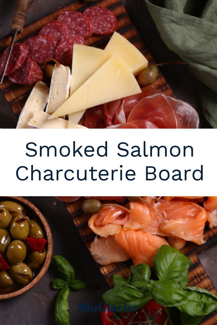 smoked salmon charcuterie board with olives, tomatoes, cheese and other meats