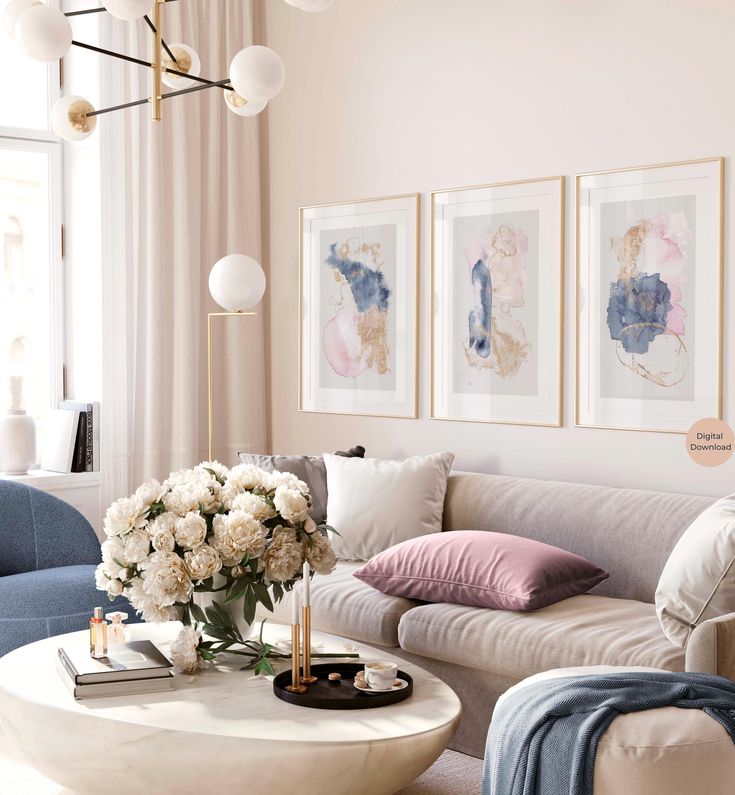 a living room filled with furniture and flowers