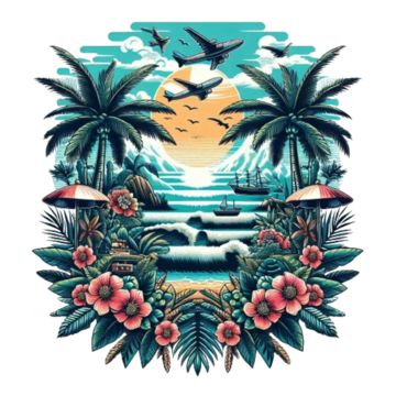 a tropical scene with palm trees and birds