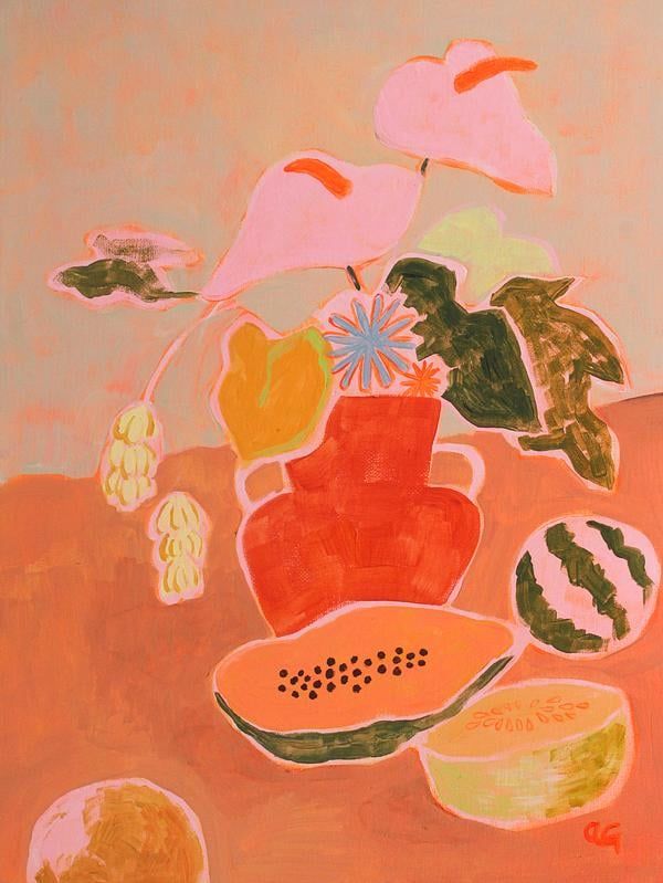 an abstract painting with fruit and flowers on the bottom right hand corner, in pink tones