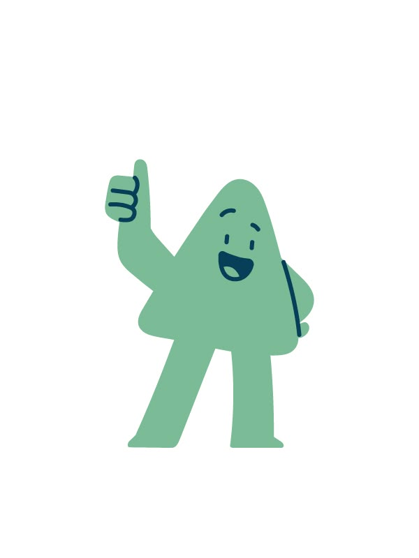 a green cartoon character giving the thumbs up sign with one hand and two fingers in the other