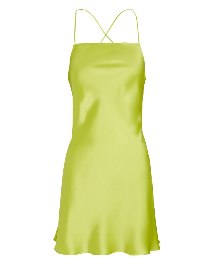 Cut from vivid green silk charmeuse the label's Suna mini dress channels '90s minimalism with a slip silhouette that reveals a sultry lace-up back.   Fabric: 100% silk.   Lace-up back closure.   Imported.       Length from shoulder to hem: 35".   Model is wearing size P.  Model height 5'10", bust 30", waist 23", hips 33". Mini Slip Dress With Lace-up Back For Night Out, Night Out Mini Slip Dress With Lace-up Back, Sleek Summer Silk Mini Dress, Sleek Silk Mini Dress For Summer, Green Tie Back Mini Dress For Evening, Green Backless Slip Dress With Tie Back, Green Tie Back Backless Slip Dress, Sleek Satin Mini Dress For Spring, Sleek Silk Mini Dress For Spring