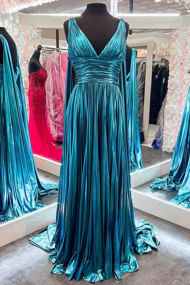 V-Neck Metallic Pleated Malachite Blue Prom Dress with Cape Prom Dress With Cape, Peacock Clothes, Avatar Wedding, Engagement Photoshoot Outfits, Turquoise Blue Dress, Prom Things, Fairy Ball, Fantasy Photoshoot, Wedding Dress Petticoat