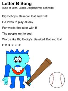 a cartoon character holding a baseball bat next to an image of a ball and the words, letter b song