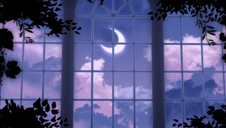 the moon is seen through two windows with trees in front of it and behind them are leaves