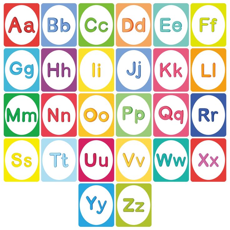 the alphabets are arranged in different colors and sizes, with letters on each side